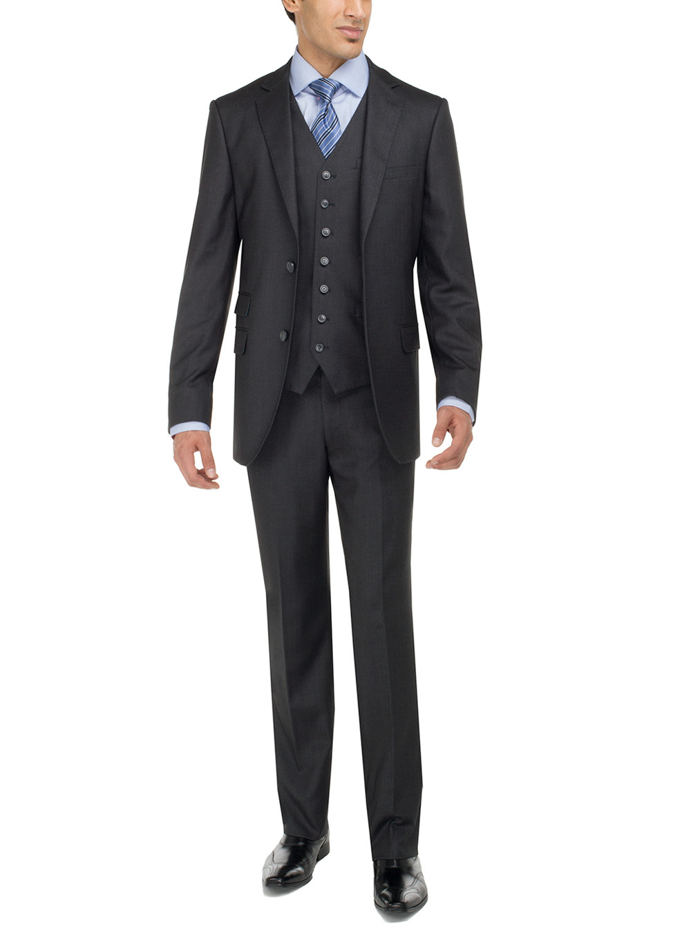 Mens Luciano Natazzi Birds Eye Vested 3-Piece Suit Two Button Side Vents Charcoal - Image1