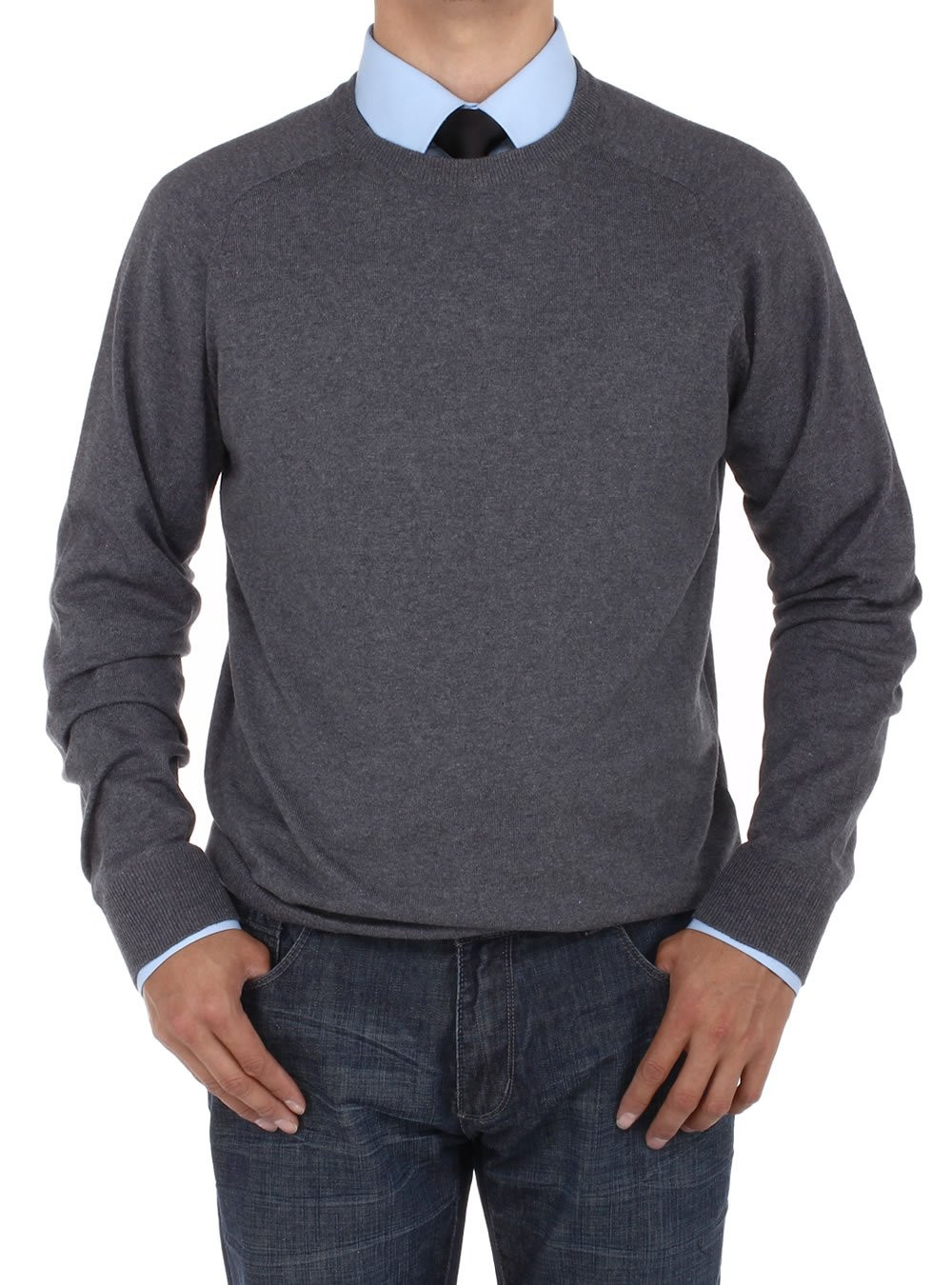 Mens Luciano Natazzi Crew Neck Cotton Sweater Relaxed Fit in Charcoa ...