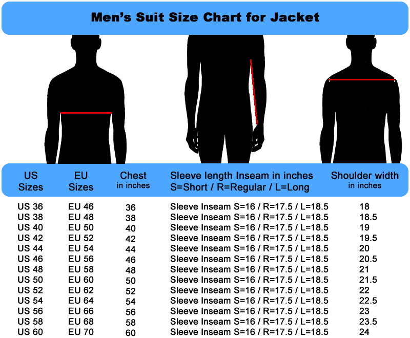 Mens Size Chart for Suit Jacket by Fashion Suit Outlet